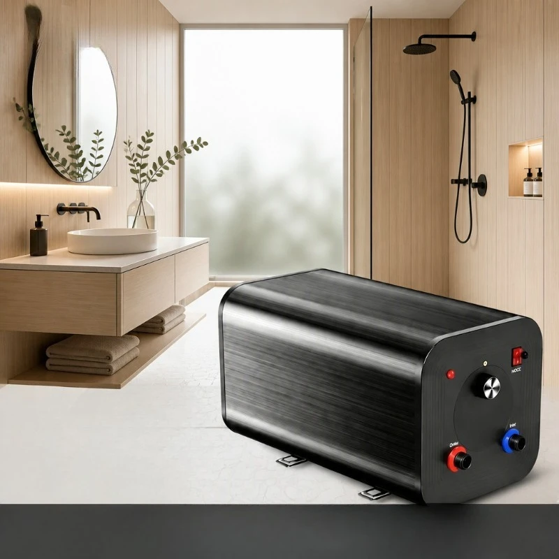 Horizontal storage water heater with dual power supply water tank