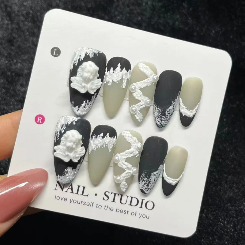 

10PCS Simple Black Gradient French Press on Nails Handmade White 3D Angel Unique Artistic Designs False Nails Wearable Manicure