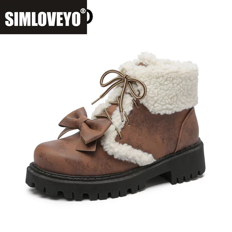 

SIMLOVEYO милые ботильоны для девочек с круглым носком на толстом каблуке 4 см, со шнуровкой и бантом, большие размеры 42 43, повседневные женские зимние теплые бота