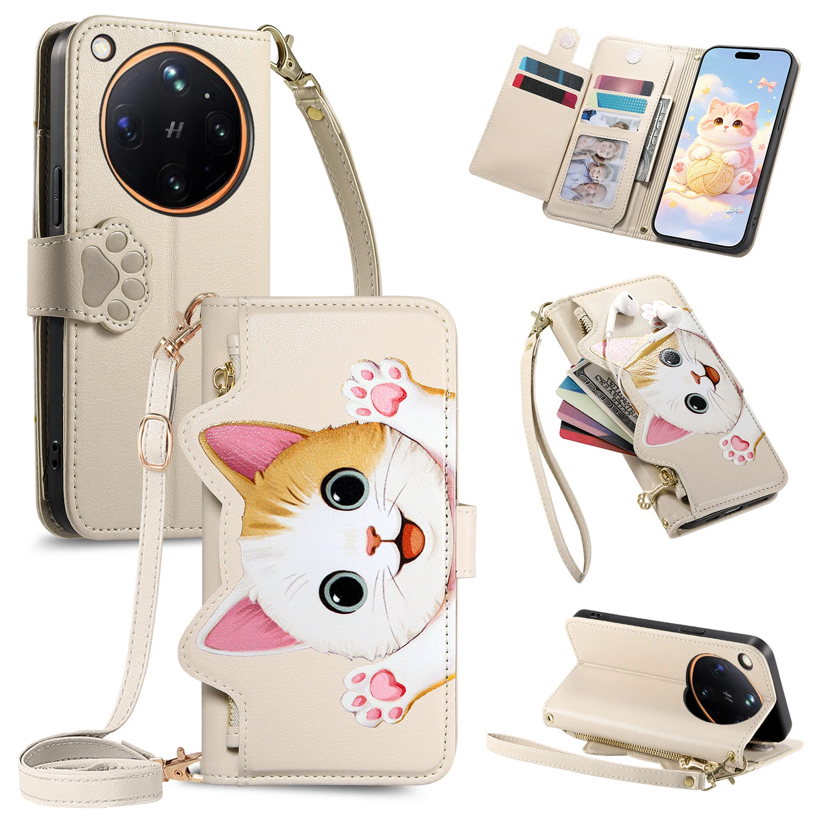 Étui de téléphone à bandoulière avec dragonne, motif chat de dessin animé, pour OPPO Find X9 Ultra X8 X9s Pro, en cuir, avec fermeture éclair, porte-cartes et protection intégrale