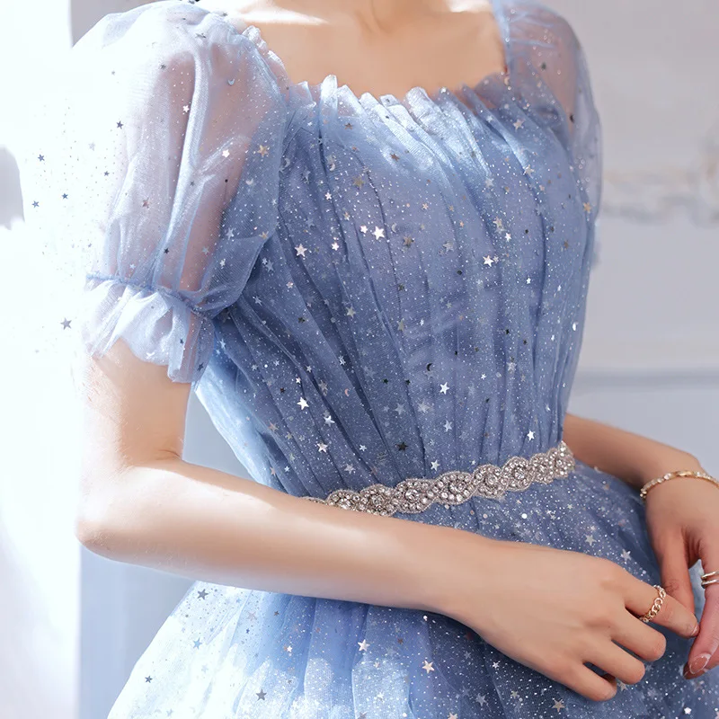 Romantic Blue Evening Dress Fashion Sequin Princess Cake Dresses Elegant Backless Lace Up Mid length Birthday Party Gown