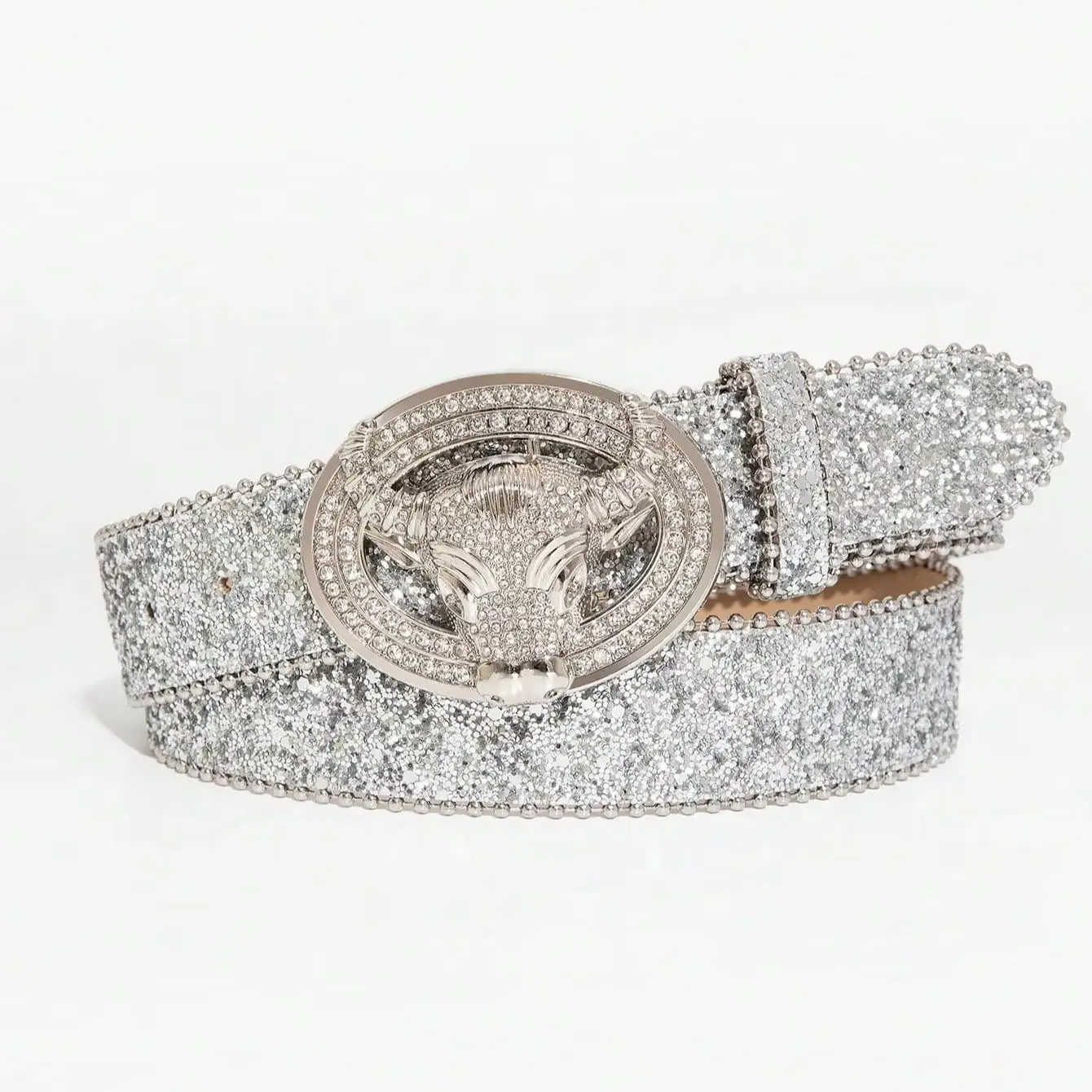 1pc women's silver full rhinestone bullhead oval buckle belt, American retro Western style versatile decorative belt