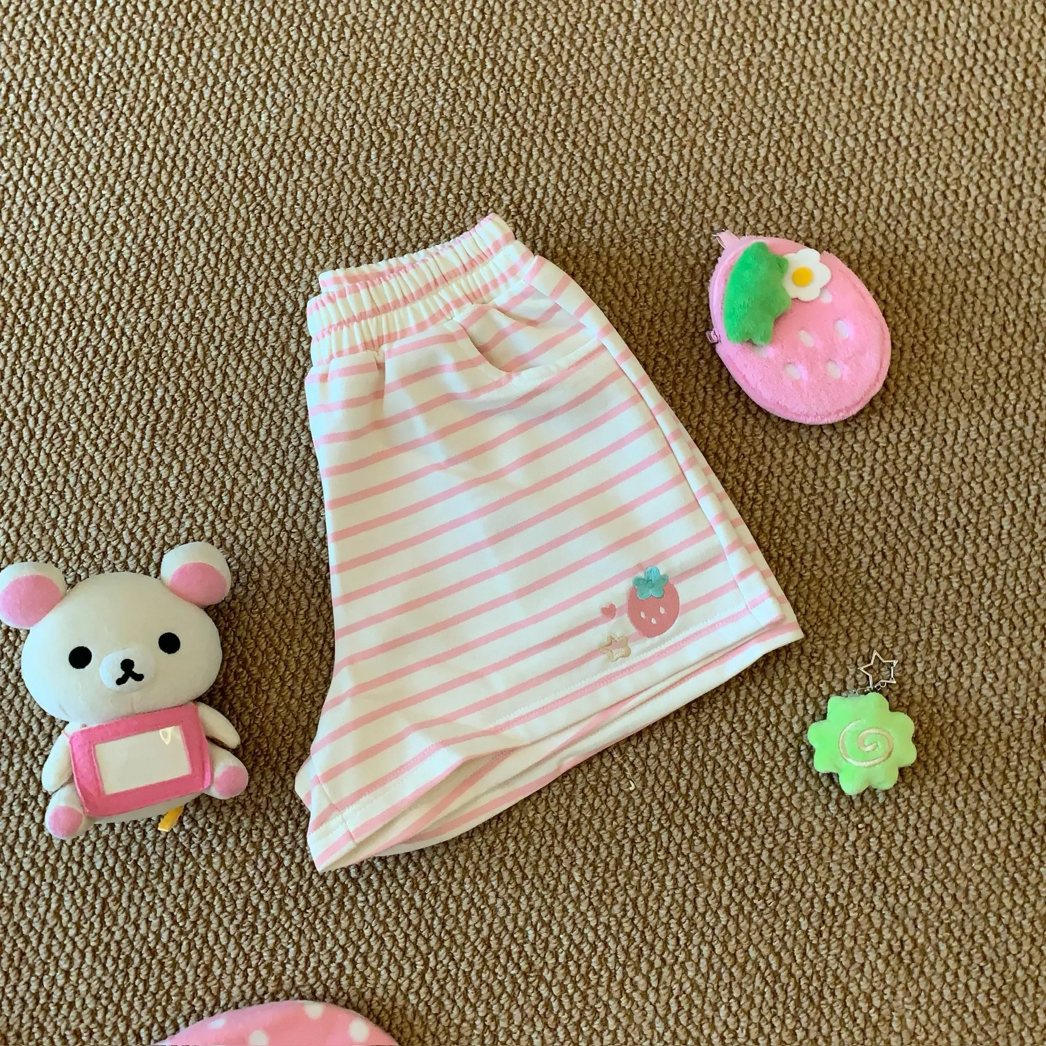 Japanese Kawaii Contrast Color Striped Shorts Harajuku Summer Sweet Girls Strawberry Embroidery Pants Y2k Aesthetic