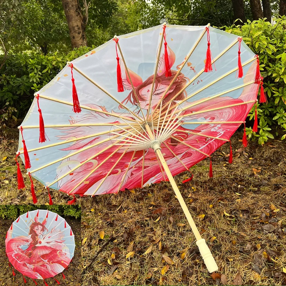 

56 см зонтик с веером из шелковой ткани в китайском античном стиле, косплей, зонт Hanfu из масляной бумаги, 10 цветов, реквизит с кисточками, танцевальный зонт