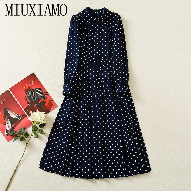 

MIUXIMAO 2022 High Quality Spring&Summer Elegant Dress Long Sleeve Choker Dot Button Belt Fashion Long Dress Women Vestides