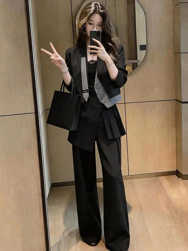 plus Size Elegant Unique Beautiful Color Block Women's Suit Loose Slimming Outerwear Trendy Autumn New Arrival French Style