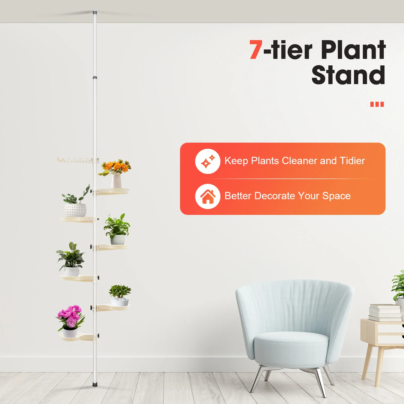 7-Tier Modern Plant Stand with 6 Adjustable Flower Holders, White Freestanding Indoor Outdoor Garden Shelf, Each Tier Holds 10kg