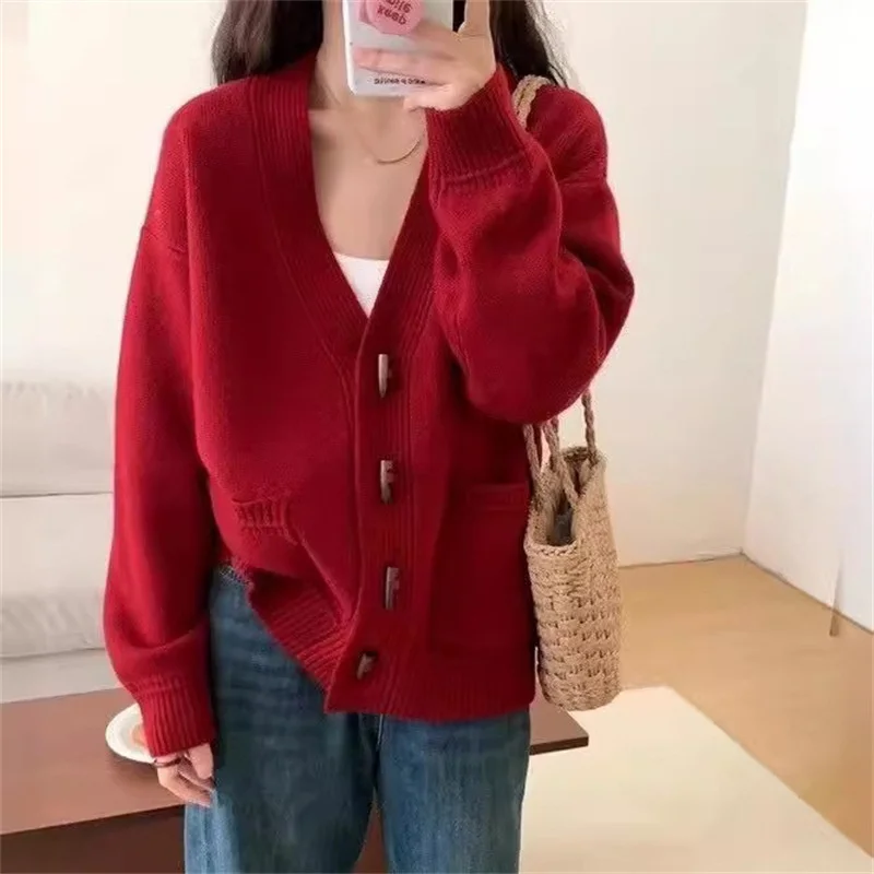 

High-End Knitted Sweater Cardigan Coat for Women No Pilling Early Autumn South Oil Women's Faion Long Sve V-Ne Regular...