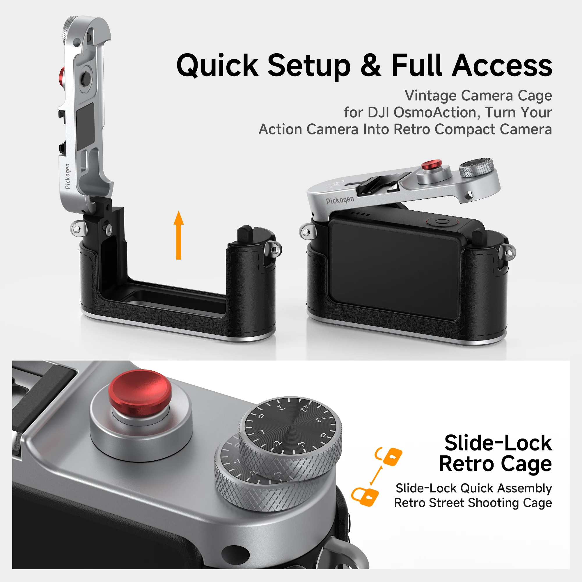 PICKOGEN Retro-Kamerakäfig für DJI Osmo Action 3 4 5 Pro, Aluminiumrahmen mit Kaltfuß, 49-mm-Filteradapter und Nackenband – Detail 4