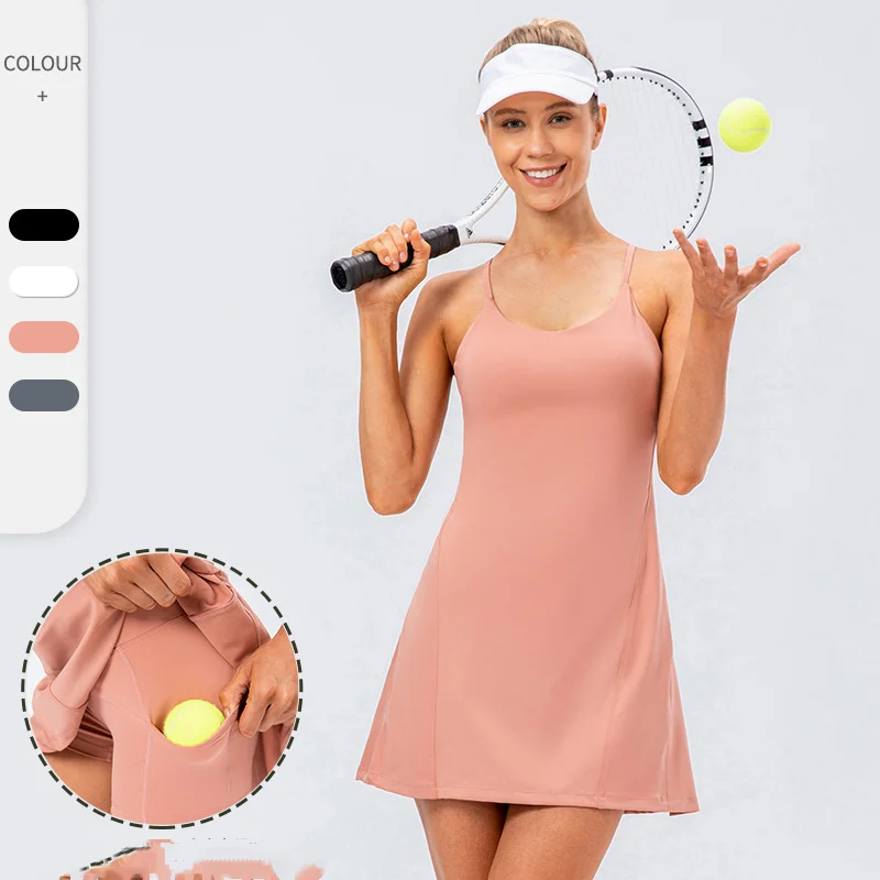 NADANBAO Tennis Dress Women Removable Chest Pad Outdoor Sports Dress Female Backless Golf Wear Two Piece Suit Yoga Dresses