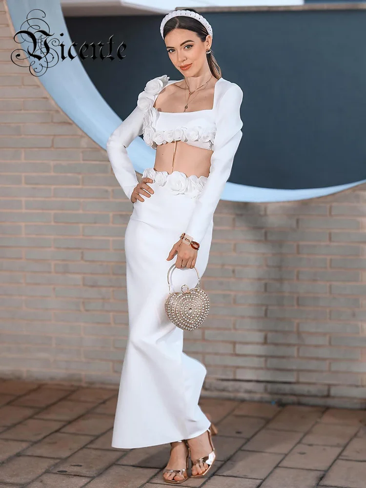 VC Two Piece Set For Women Sexy Long Sleeve Crop Top + High Waist Long Skirt Suit With 3D Flower White Bandage Female Clothing