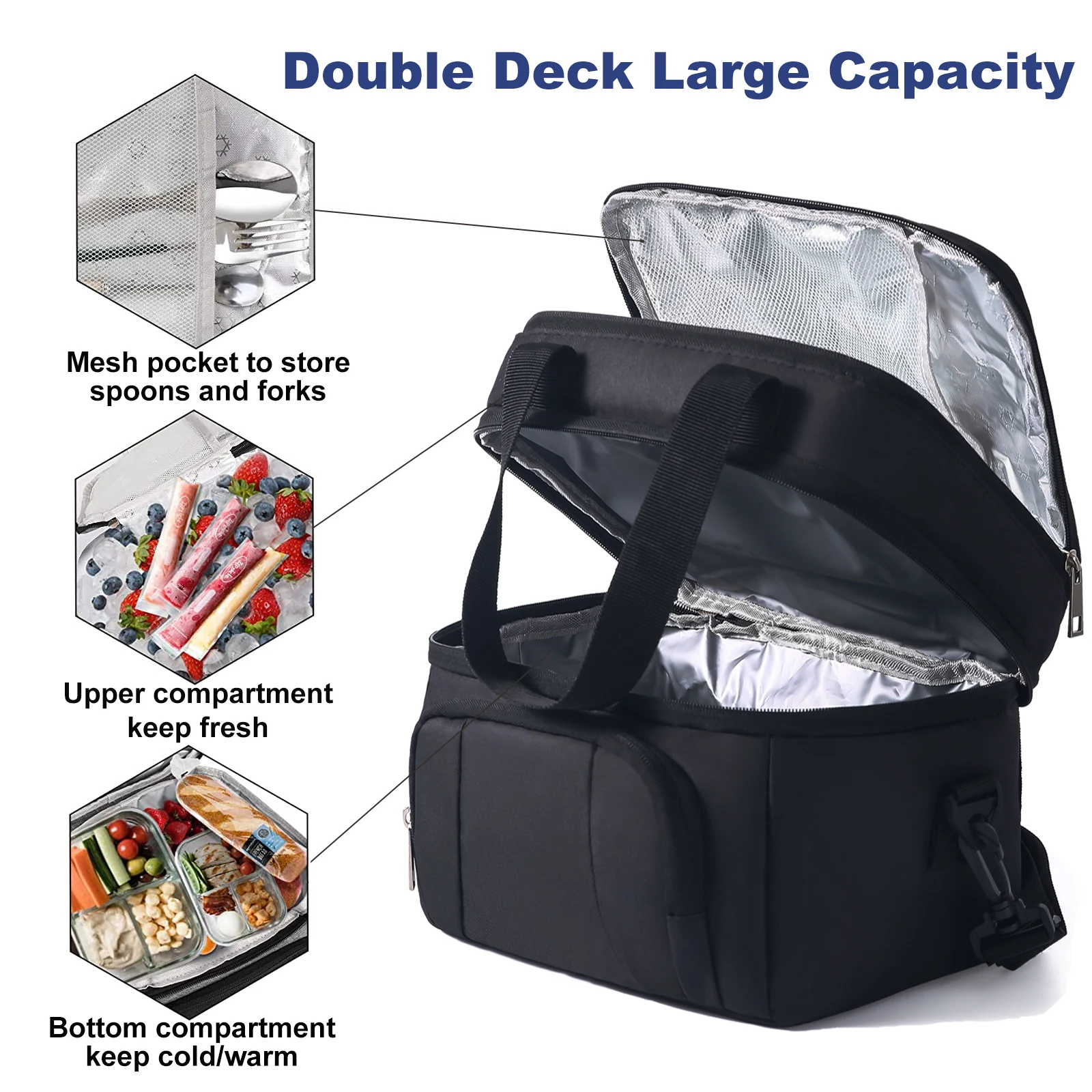 Double Insulated Lunch Bag Layer Portable Thermal Lunch Box Waterproof Picnic Heat Insulating Bag with Adjustable Strap image 3