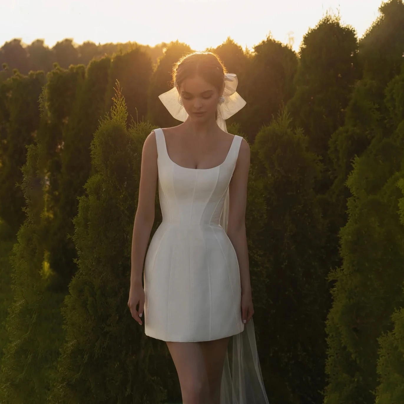 Elegant Square Neck Satin Short Wedding Dress With Big Bow Sleeveless Bodycon Mini Bridal Dress For Civil Elopement Party Bride