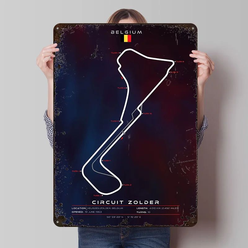 Pósteres impresos Circuit Zolder, arte de pared personalizable, carteles de hojalata de Metal Retro Vintage para decoración de hogar, habitación, garaje, jardín de juegos