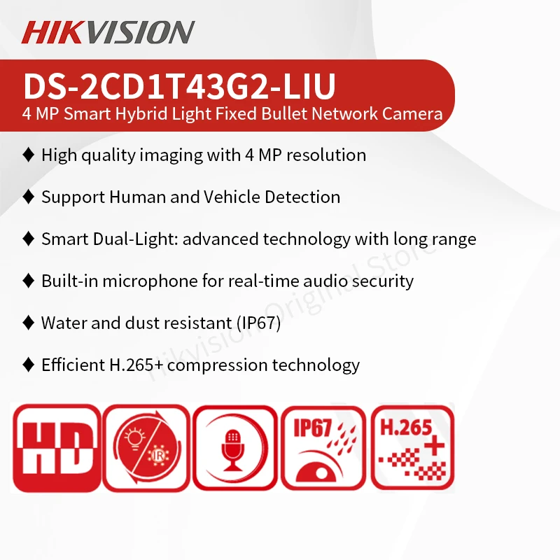 Hikvision 4MP Smart Hybrid Light Camera Outdoor Human & Vehicle Detection DS-2CD1T43G2-LIU With IR Microphone H.265+ IP WebCam