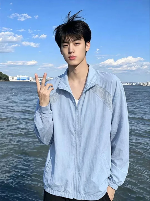 Blue Ice Silk Men's Outdoor Sports Jacket Summer Mesh Quick Dry Sun Protection Clothing Splice Design Breathable Windbreaker