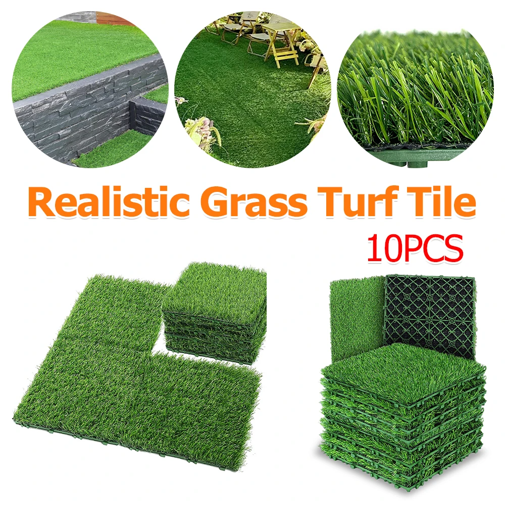 

10PCS Realistic Fake Grass Tiles 1x1Ft Artificial Lawn Tiles Floating Design Realistic Grass Mat for Indoor Outdoor Decoration