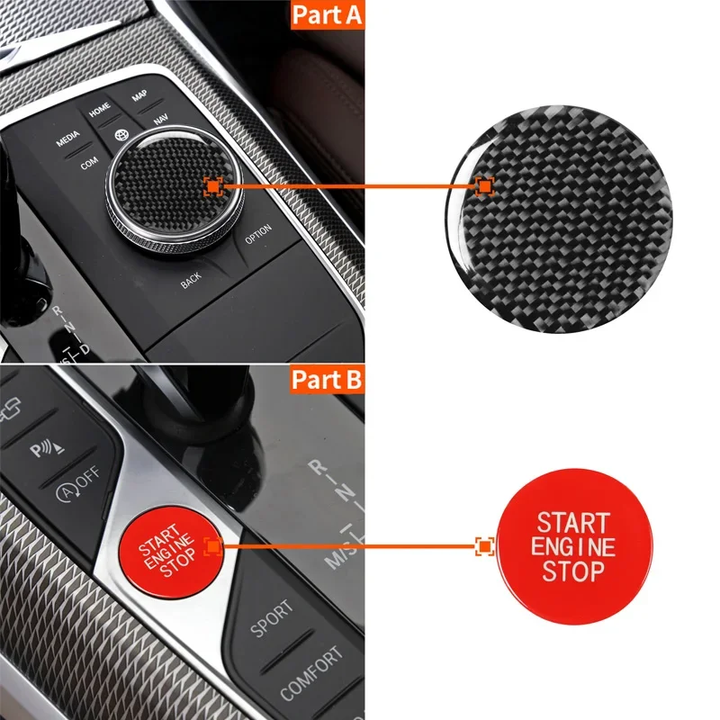 For BMW 3 Series G20 G28 Car Multimedia Buttons Knob Cover Real Carbon Fiber Sticker + Start Stop Button Ignition Switch Cap