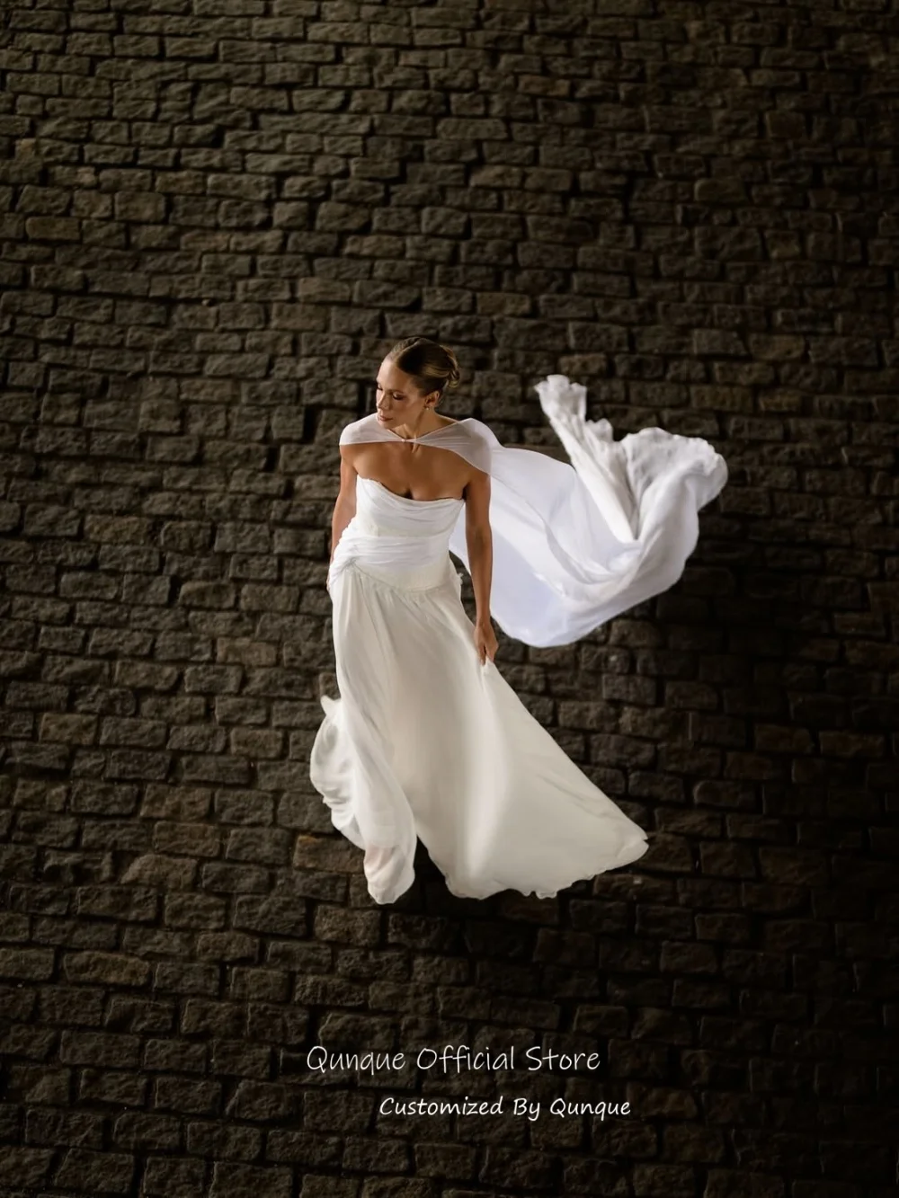 Qunque Strapless Chiffon Capelet Wedding Dress A Line Civil Bridal Gown Dreamy Ruched Handmade Vestido De Novia Boda Customized
