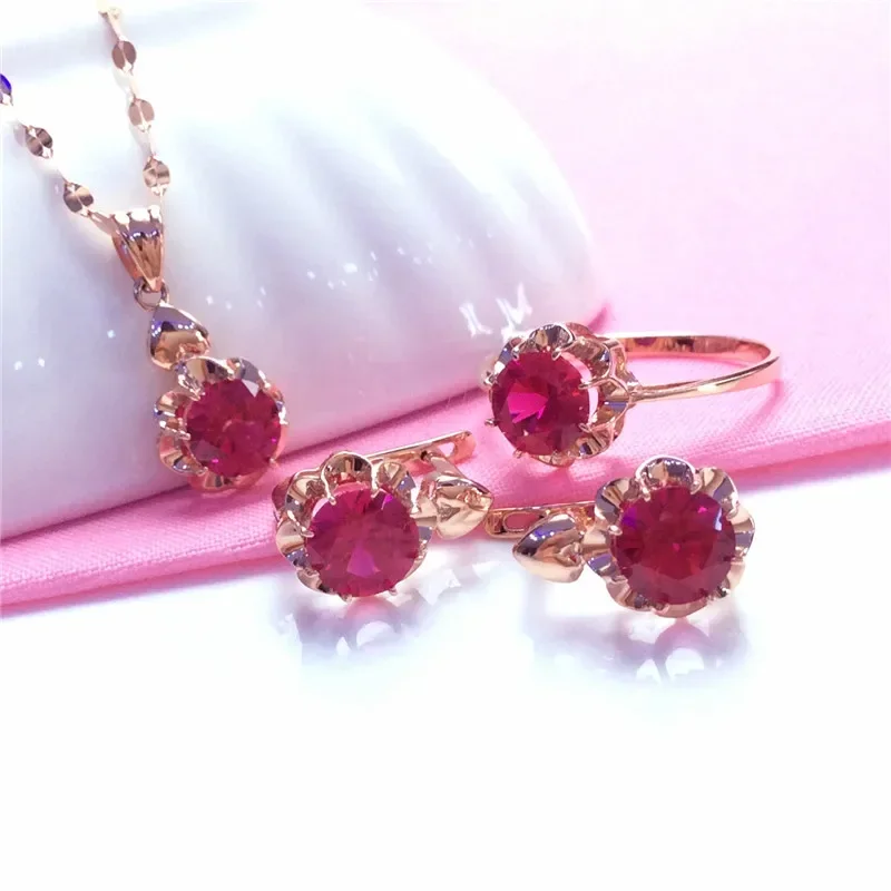 Ruby Flower Women's Jewelry Set Sophisticated Glamour Wedding Earrings for Women 585 Purple Gold 14K Rose Gold Necklaces Rings