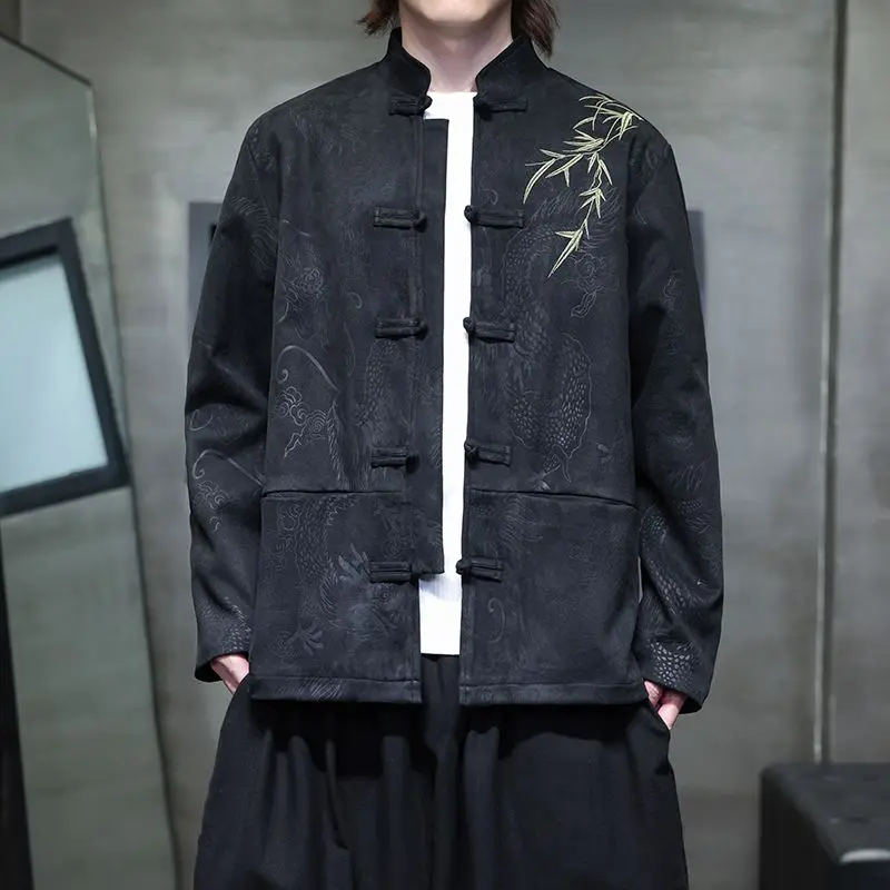 

New Chinese Sle Men's Embroidered Suede Jaet Spring Autumn Season Button up Hanfu Retro Coat Loose Fit Faionable