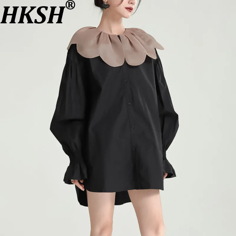 

HKSH весна осень новая женская рубашка с кукольным воротником цветных блоков однобортная милая элегантная блузка универсальные модные топы HK15069