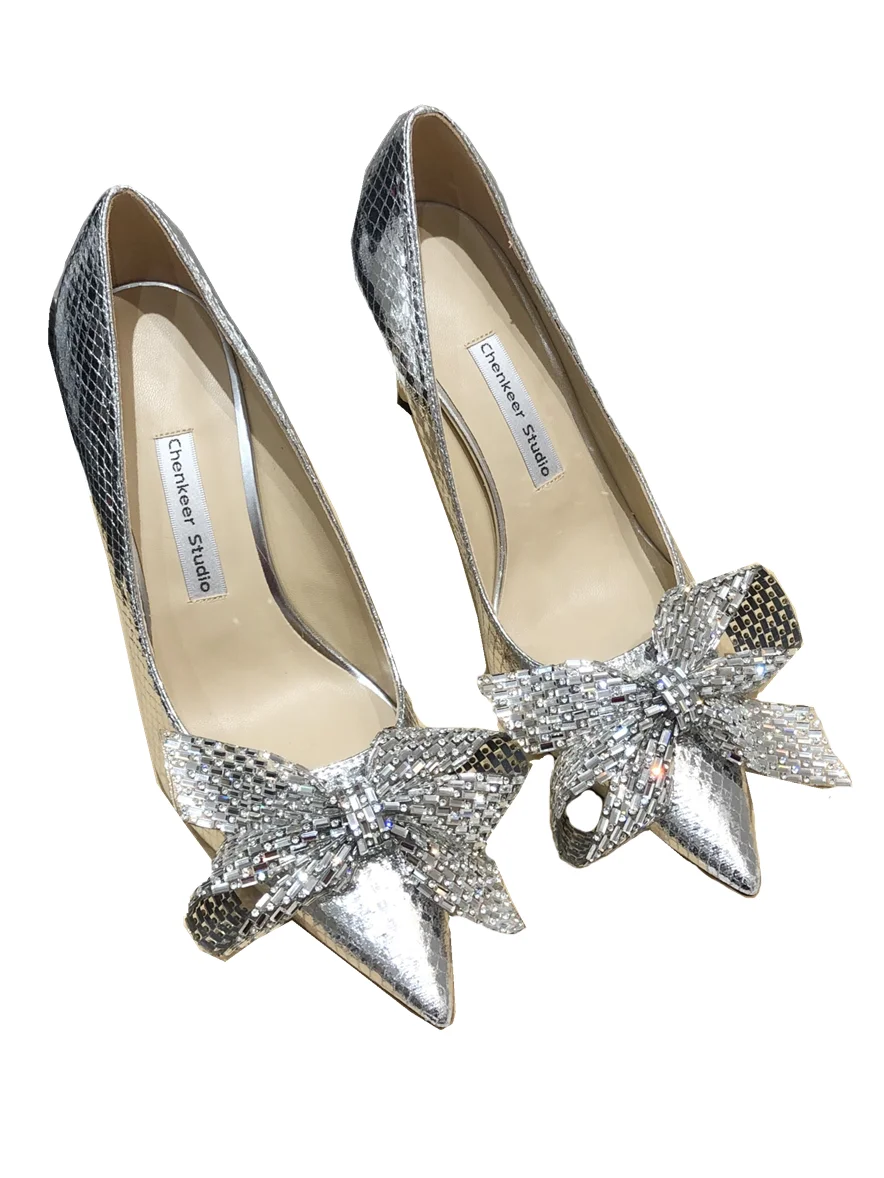 2024 New Water Diamond Pointed Thin High Heels, Silver Bow, High end, Non tiring Single Shoes, Banquet Shoes