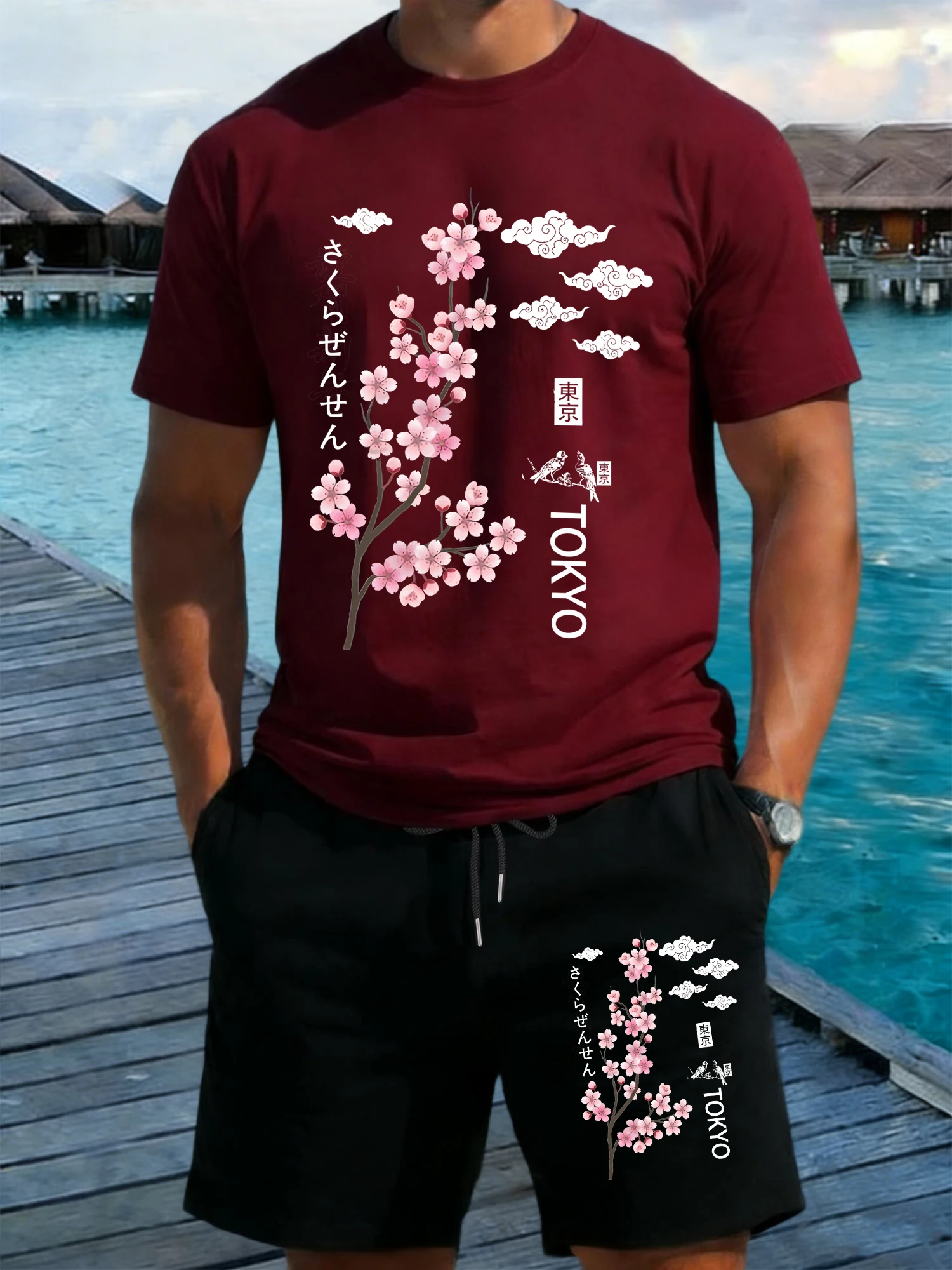 

Tokyo Cherry Blossoms Birds Print Men T-Shirts Sets Cotton Crewneck T Shirt Loose Summer Shorts Pocket Breathable Wide-Leg Pants