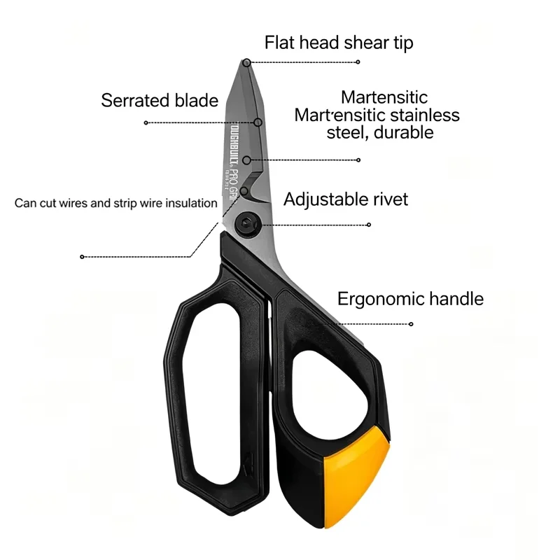 TOUGHBUILT TB-H4-70-E Professional Electrician Shears, Serrated Edge Long Blade Wire Cutter Stripper Ergonomic Handle Hand Tool