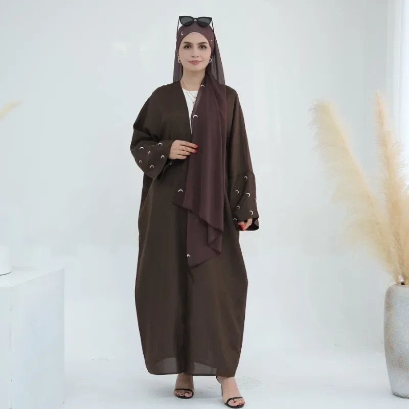 Moon Embroidery Linen Open Abaya EID Ramadan Islamic Clothing Women Kimono Cardigan Muslim Women's Robe