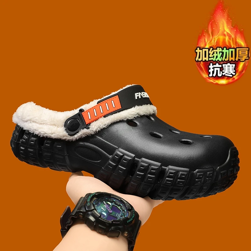 Men's Thick-Soled Fleece-Lined Clogs, Comfortable Non-Slip Indoor and Outdoor Cotton Slippers, Suitable for Daily Wear and Outdoor Garden Wear