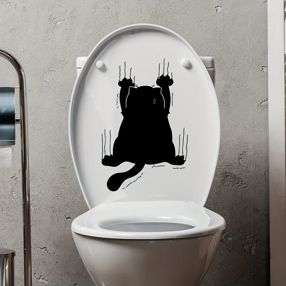 Lucky Cat Funny Black Cat Scratches Toilet Stickers Decorative Bathroom Decals Wall Stickers Self Adhesive Waterproof Home Decor