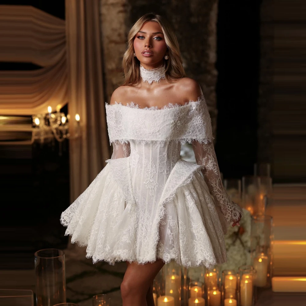 

Unique Boat Neck Lace Wedding Party Dresses Illusion Lace Appliques Puffy Mini Evening Prom Gowns Fluffy Lace Formal Dresses