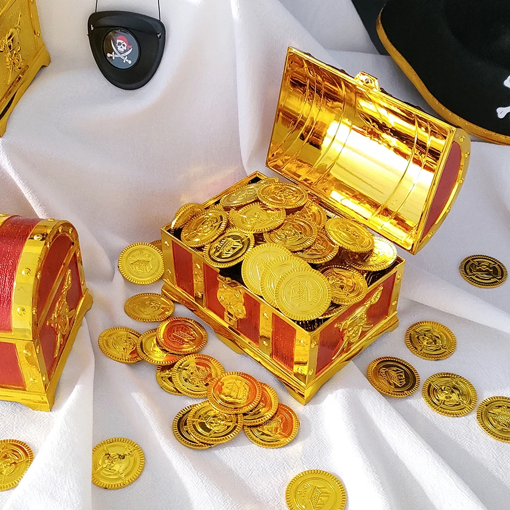 

Halloween Pirate Theme Treasure Chest Toy Box with Plastic Gold Coins Gems Jewelry Storage Case Playset Halloween Decoration