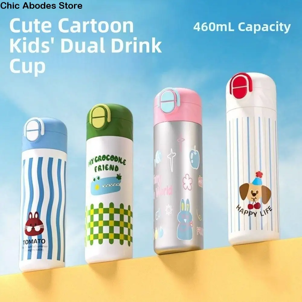 

460ml Cartoon Insulation Cup With Straw 316 Stainless Steel Vacuum Flask Leak-Proof Double Drink Thermos Water Bottle Kid