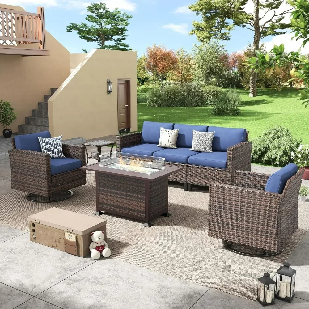 

Patio Furniture Set with Fire Pit Table, Outdoor Furniture Sectional Sofa with Swivel Chairs, Modern Conversation Sets