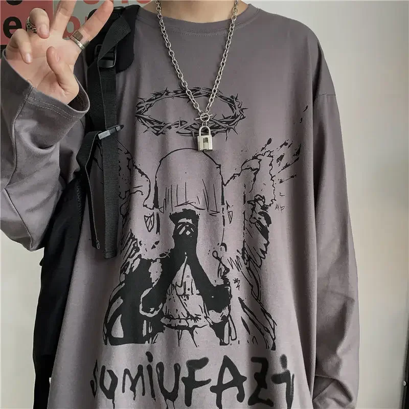 Herren T-Shirt für den Herbst, Langarm-Shirt mit Rundhalsausschnitt, Übergroßes Gothic Dark Academia Y2k T-Shirt, Herren-Oberteil – Detail 3