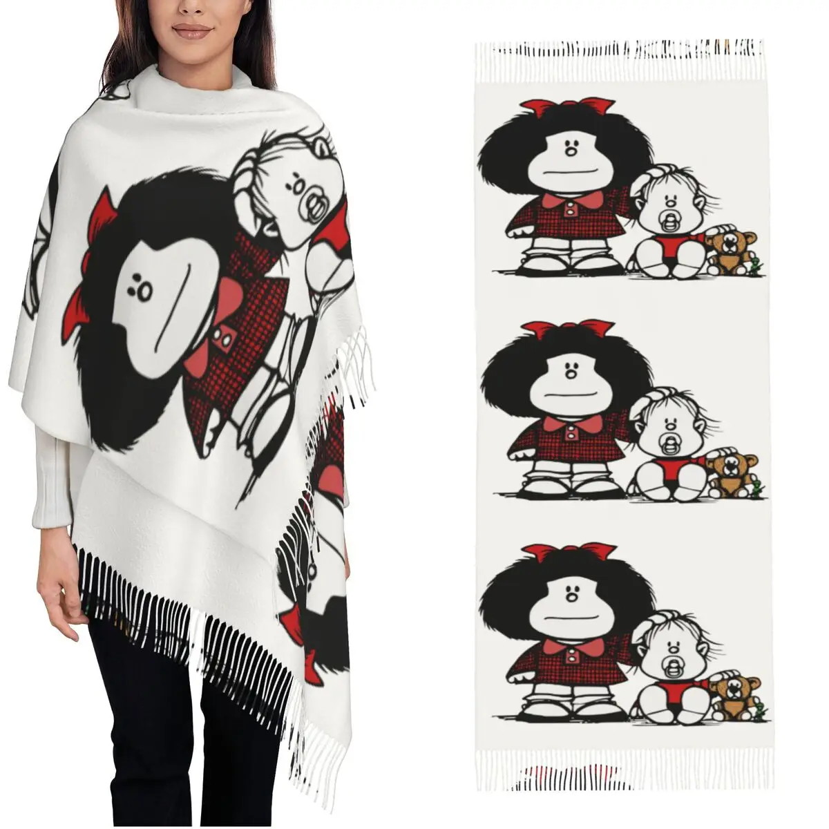 

Mafaldas And Brother Scarf Warm Winter Pashmina Shawls and Wrap Quino Argentina Cartoon Large Scarves with Tassel Ladies