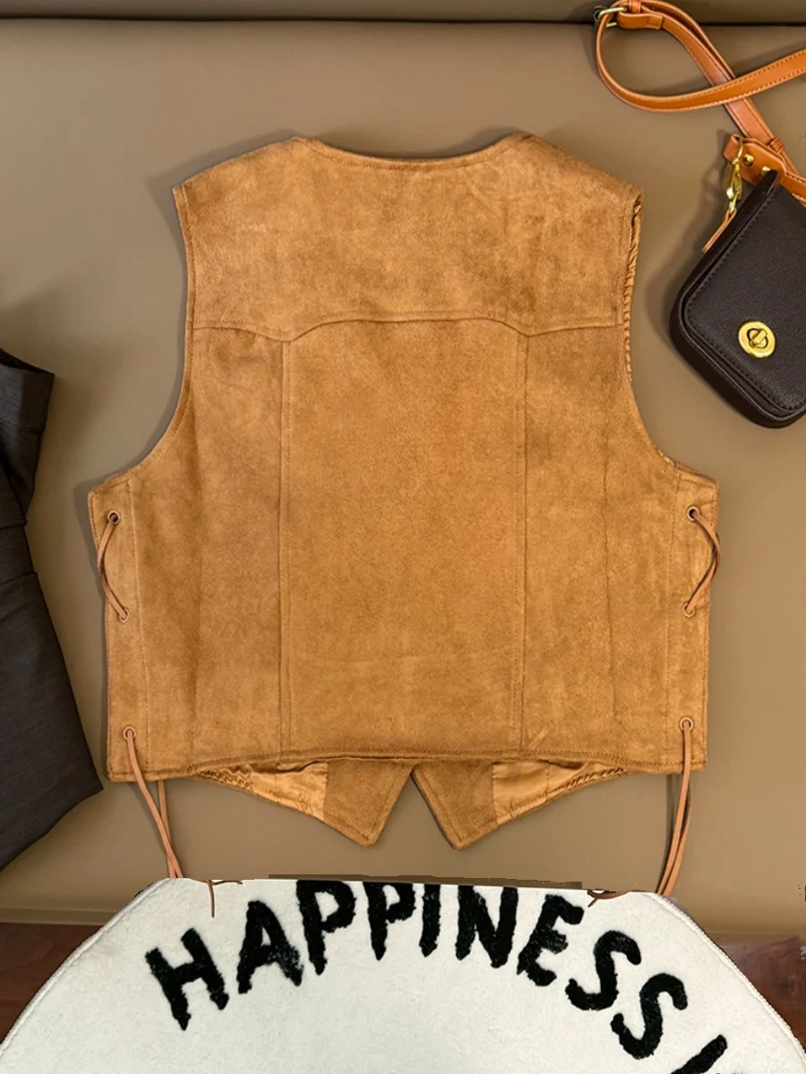 Chaleco de gamuza empalmado con cordones Retro Jaet mujer ort v-ne pequeño Jaet otoño alta gama sentido capas Faionable