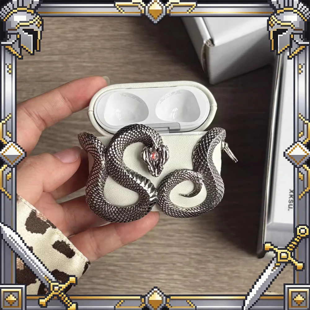 

Чехол для наушников XKSU Black Snake Case с геометрическим узором для AirPods 4, кожаный защитный чехол для наушников, аксессуары для ПК, подарок
