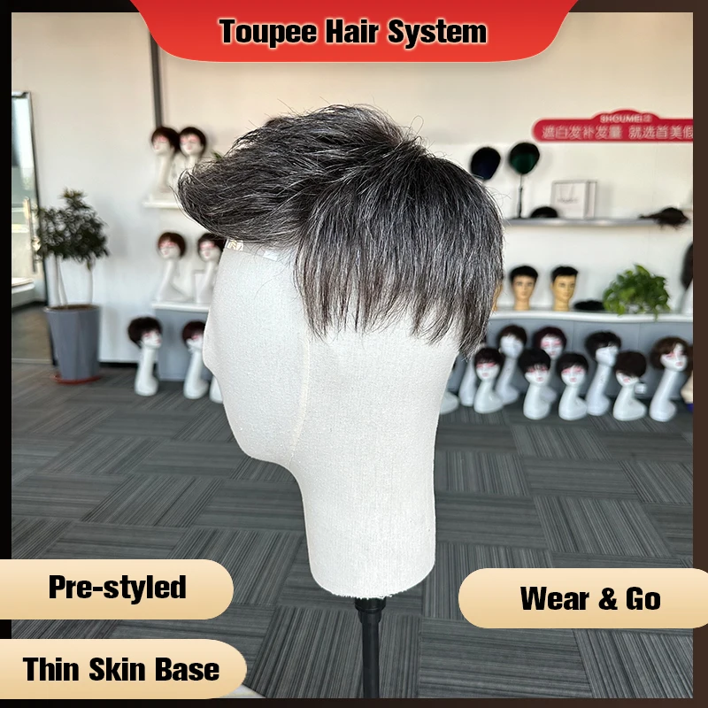 Pre Styled Thin Skin Men Toupee V-Looped Hair Replacement Systems Human Hair Men\'s Wig 1B40 PU Base Wig Hair Piece Protesis Male