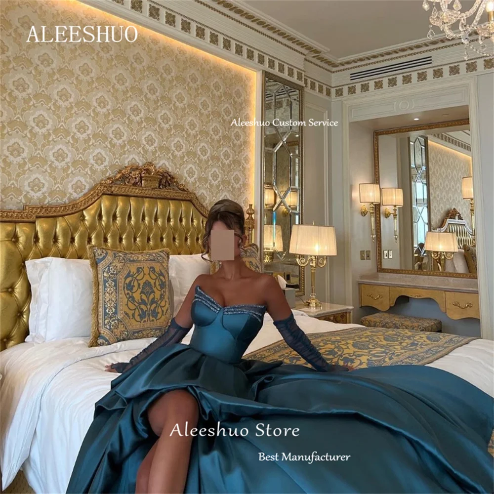 Aleeshuo abiti da ballo in raso alto e basso increspato con perline Sweetheart maniche lunghe staccabili abiti da sposa da sera con lacci sul retro