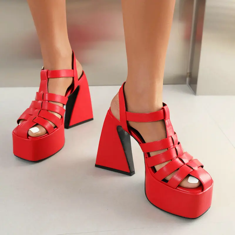 

markii Europe Big Size 44. T-strap Hallow Summer Woman Shoes Triangle Shape Heels Punk Gothic Fisherman Red White Lady Platform Sandals