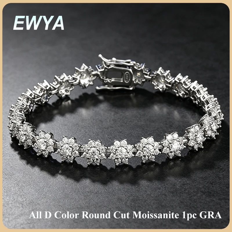 EWYA Sunflower Cluster All Moissanite Tennis Bracelet Women 925 Sterling Silver Lab Diamond Daisy Flower Stackable Party Jewelry