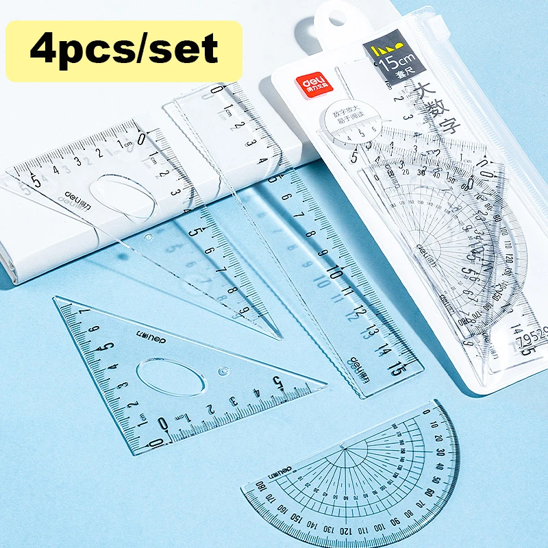 4Pcs Student Ruler Set Triangle Protractor Ruler Plastic Transparent Straight Ruler for Kids Office School Supplies