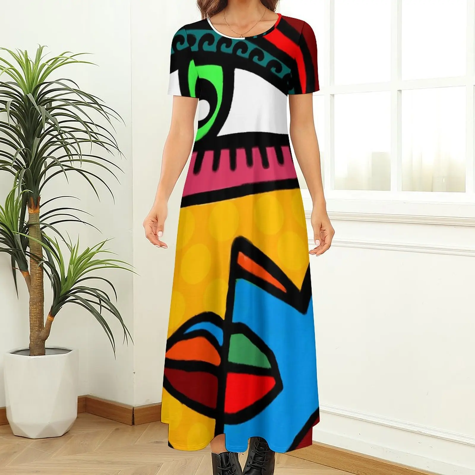 Abstract Ladies  Face Dress Funky Women Maxi Dress Short Sleeve Aesthetic Bohemia Long Dresses Female Graphic Oversized Vestido