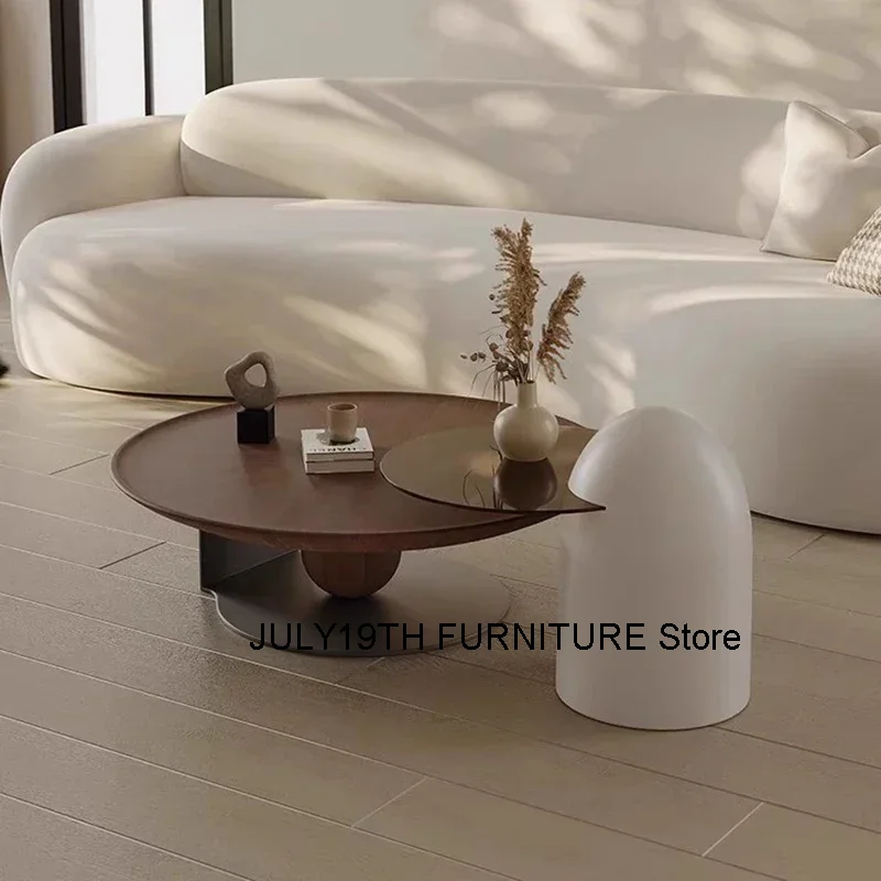 Italian coffee table luxury modern retro wooden living room coffee cabinet circular metal frame leg countertop center room