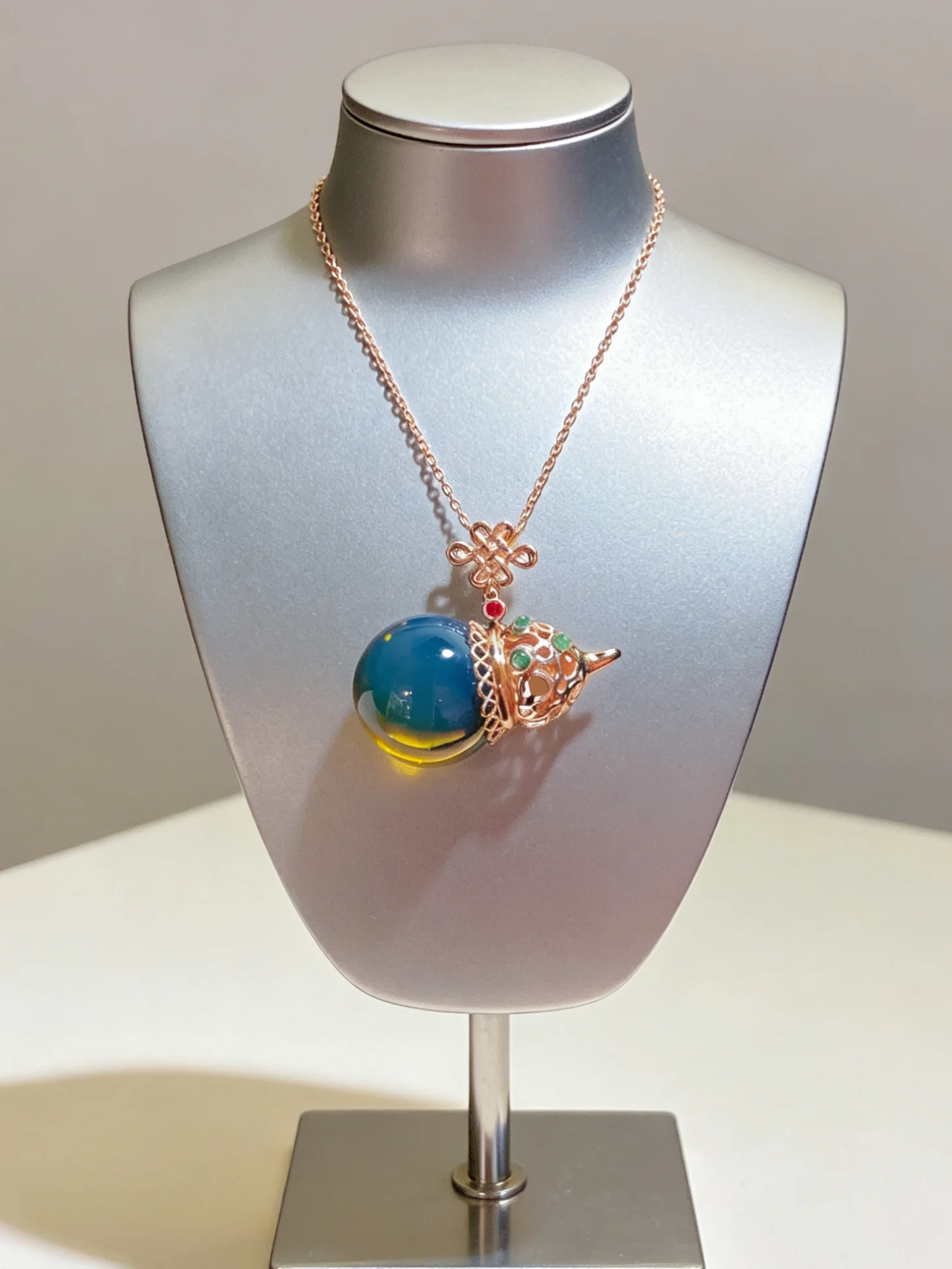 Natural Mexican Blue Amber Pendant Sterling Silver 20mm Hollow Filigree Gourd Calabash Necklace for Women