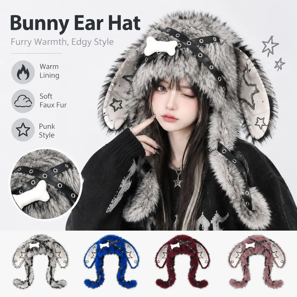 New Design Y2K Streetwear Bunny Ear Hat Gothic Style Faux Fur Hat Punk Style Adjustable Snaps Star Print Ears