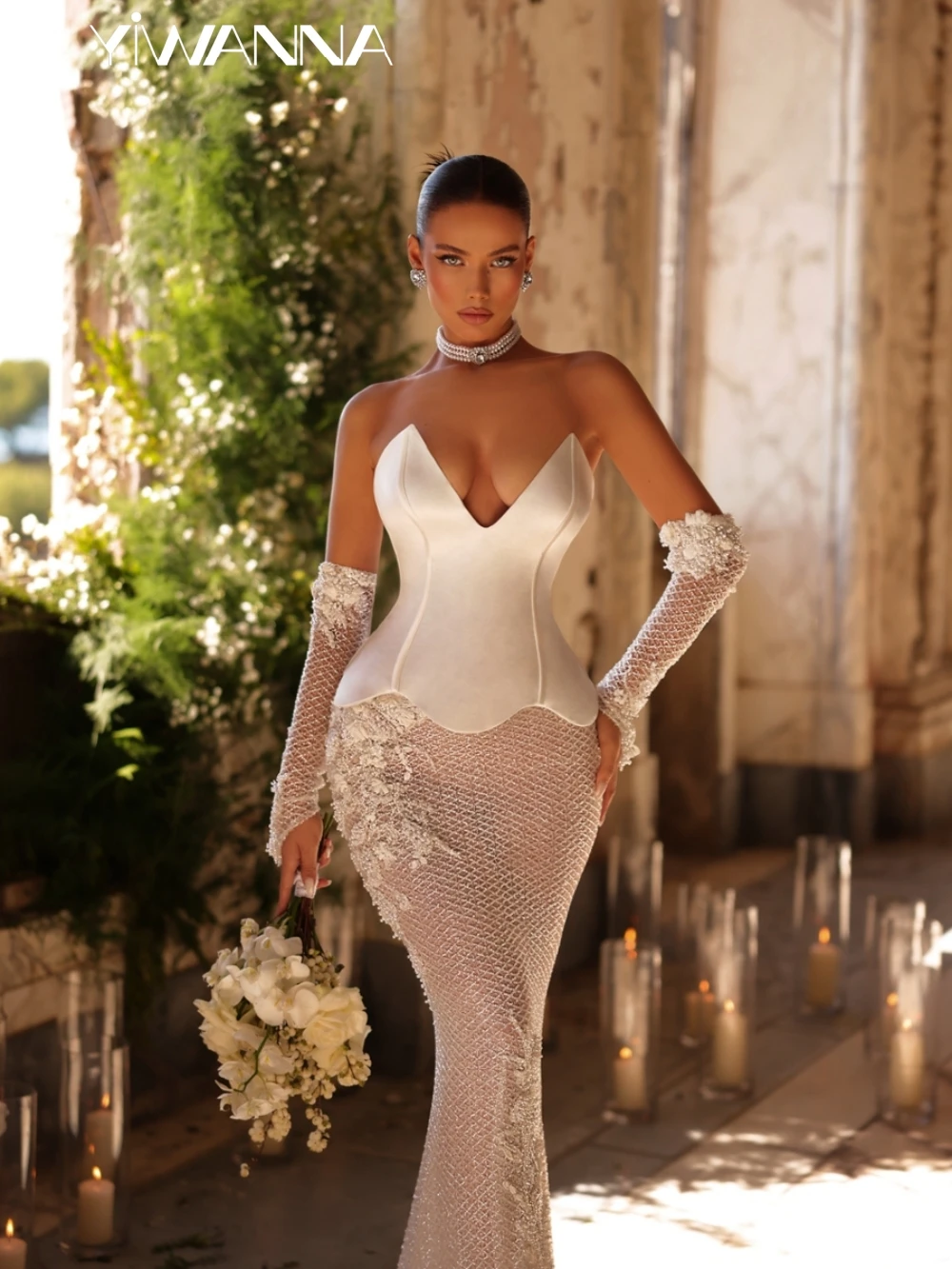 

Sexy Illusion Deep V-neck Mermaid Wedding Dress Shiny Lace Appliques Bridal Gown 2025 Customized Luxury Dresses For Bride